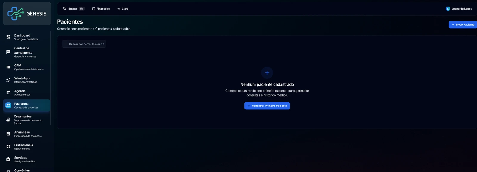 Tela do Gênesis para buscar e cadastrar pacientes da clínica