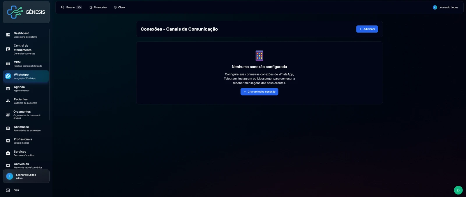 Tela do Gênesis para adicionar e gerenciar conexões de comunicação da clínica