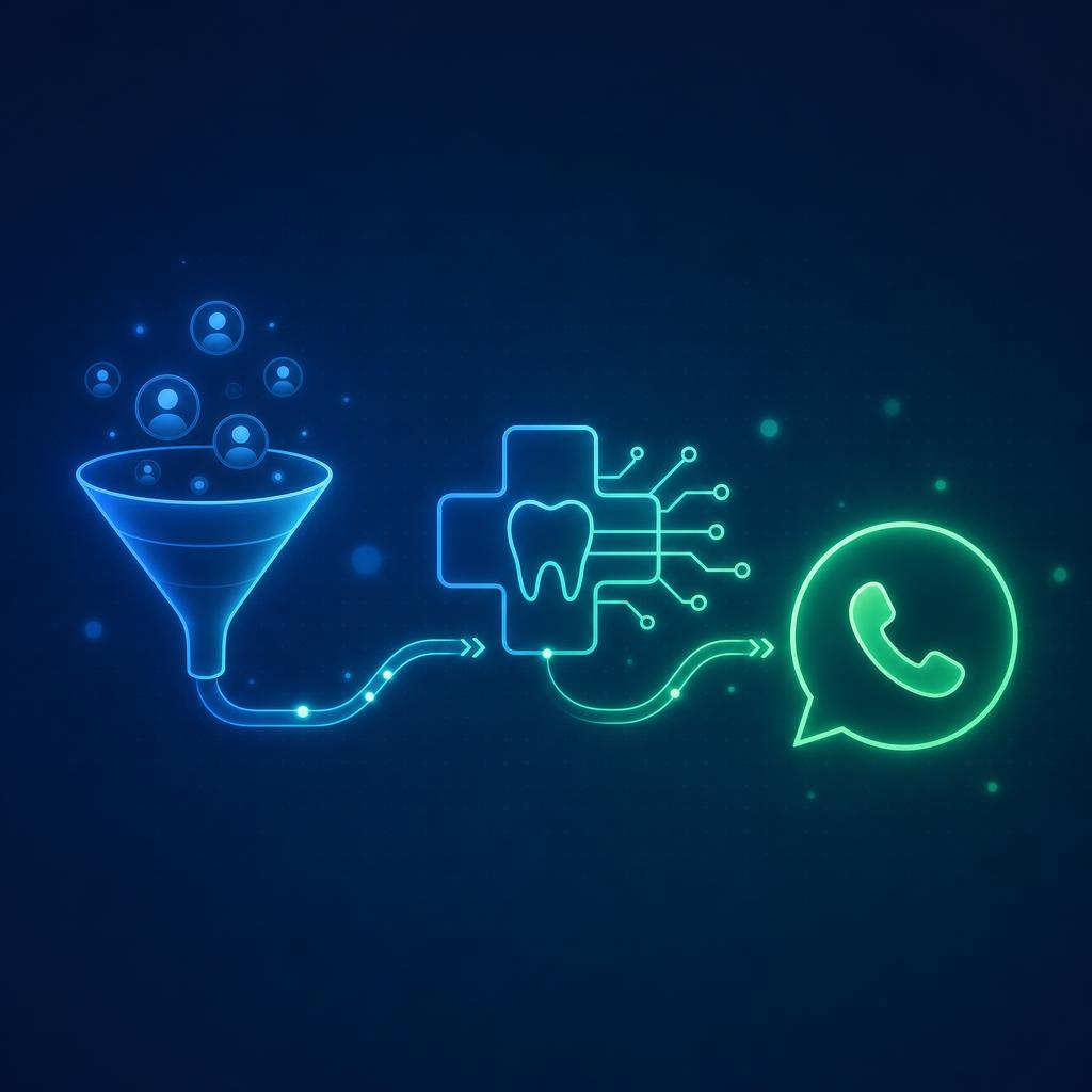 ilustração de CRM odontológico integrado ao WhatsApp com funil de leads
