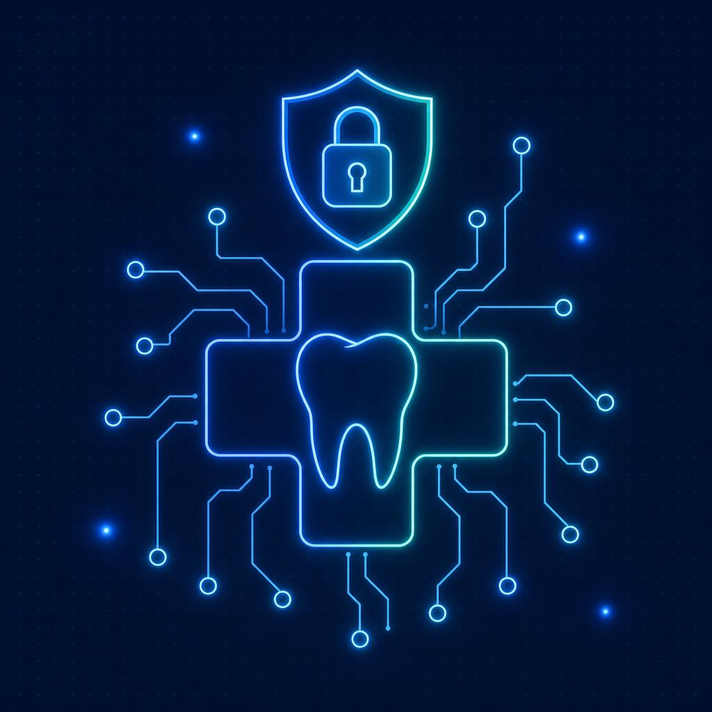 ilustração de um escudo com cadeado sobre um dente, representando a LGPD na clínica odontológica