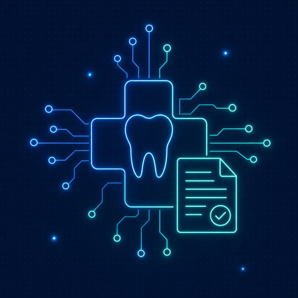 ilustração de um documento digital conectado a um dente, representando o prontuário eletrônico odontológico