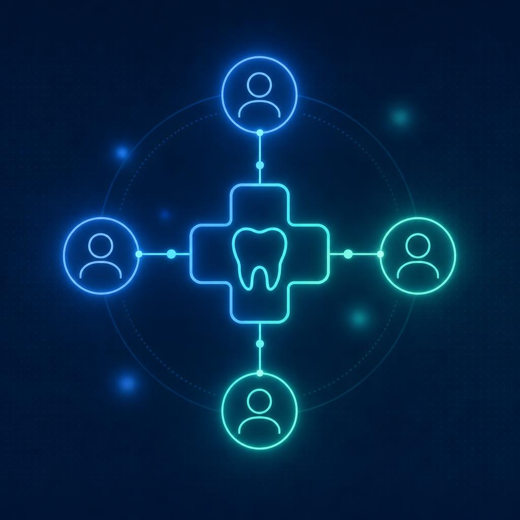 ilustração de software odontológico conectando profissionais de uma clínica com vários dentistas