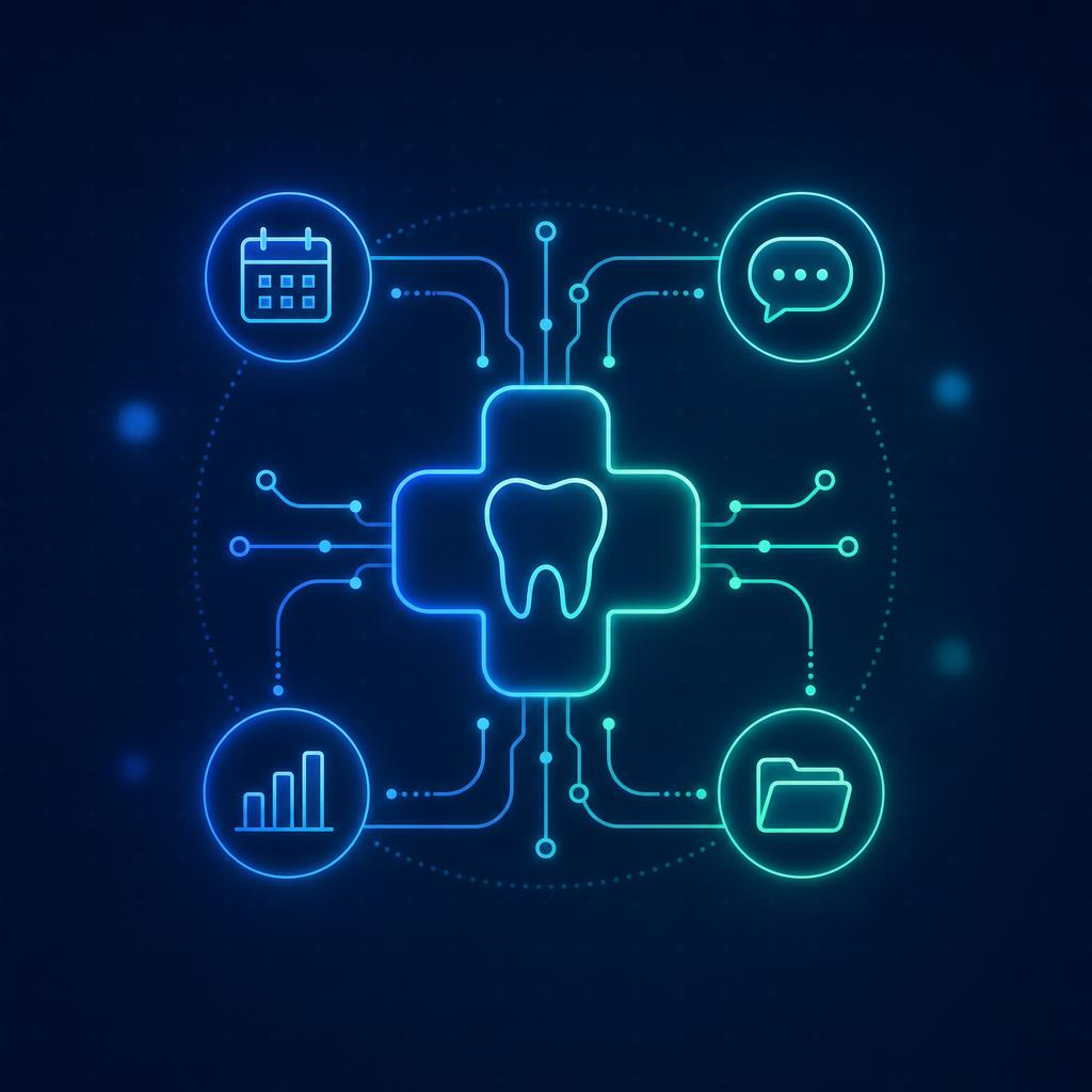 ilustração de software odontológico Gênesis conectando agenda, atendimento, CRM e financeiro em um só sistema