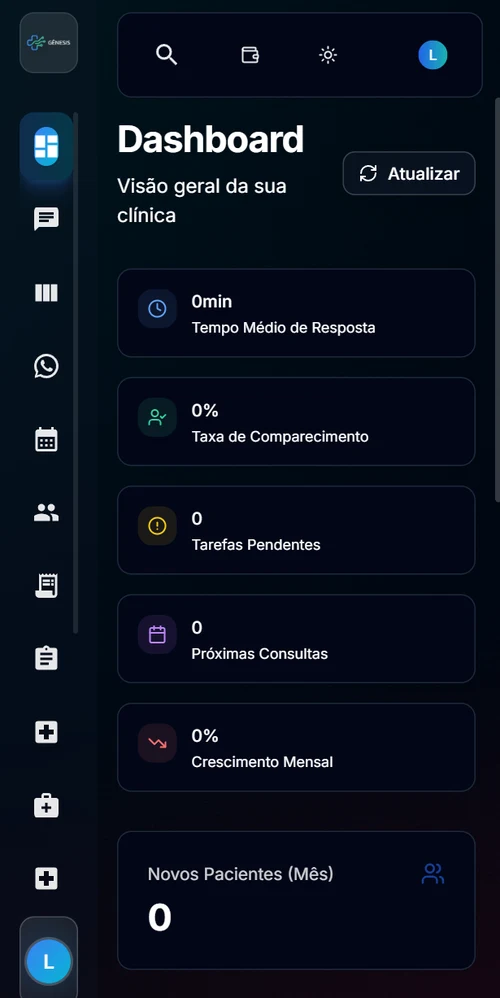 Dashboard do Gênesis no aplicativo mobile, com indicadores de atendimento e agenda da clínica